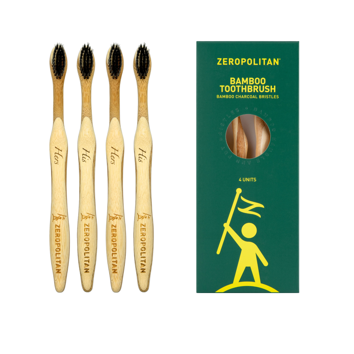 Bamboo Toothbrush with Charcoal Bristles - 4 Pack