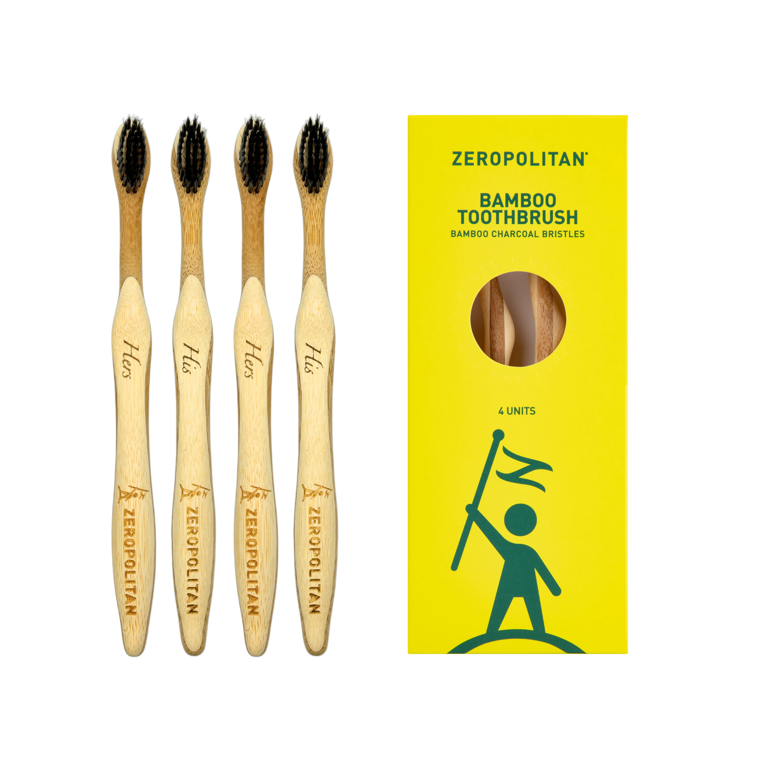 Bamboo Toothbrush with Charcoal Bristles - 4 Pack